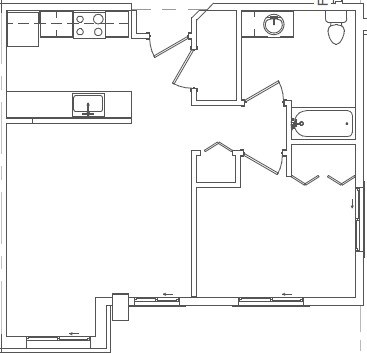 Floor plan for 1 bed, 1 bath, 607 sqft